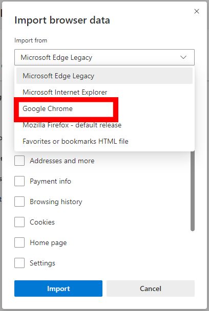 Microsoft Edge import from Google Chrome