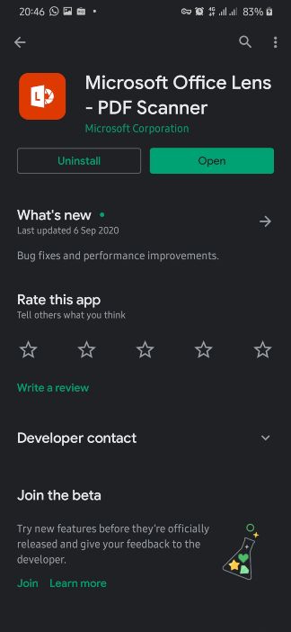 Microsoft Office Lens Play store listing