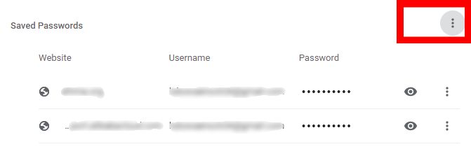 Google Chrome Saved Passwords section