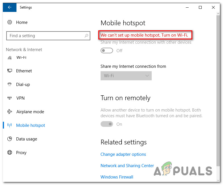 windows 10 cant apply settings for mobile hotspot