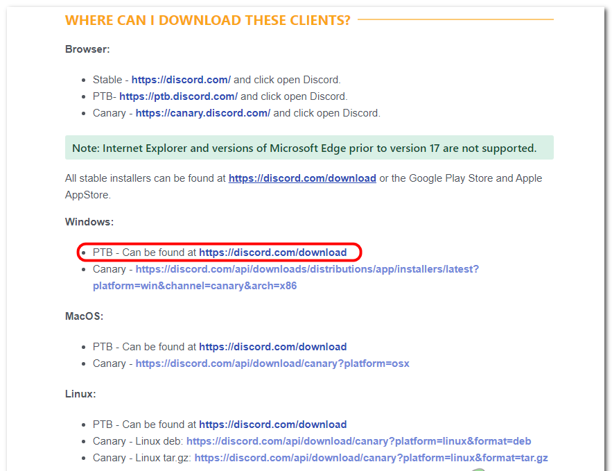 Downloading Discord PTB