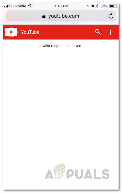 youtube invalid response received