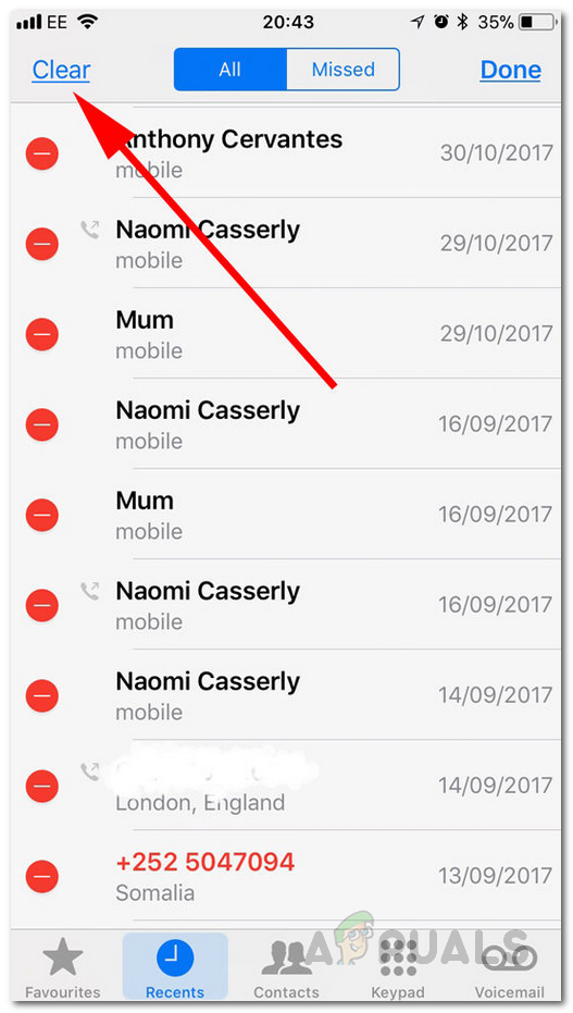 Pressing the Clear Button to Remove Call Logs in iPhone