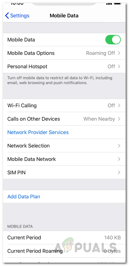 Mobile Data Settings Screenshot in iPhone