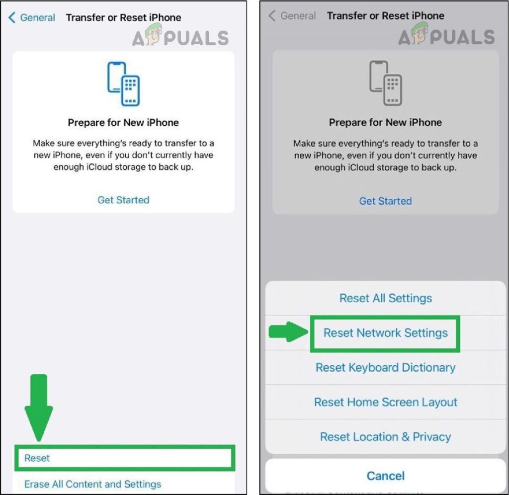 Tap reset and select reset network settings