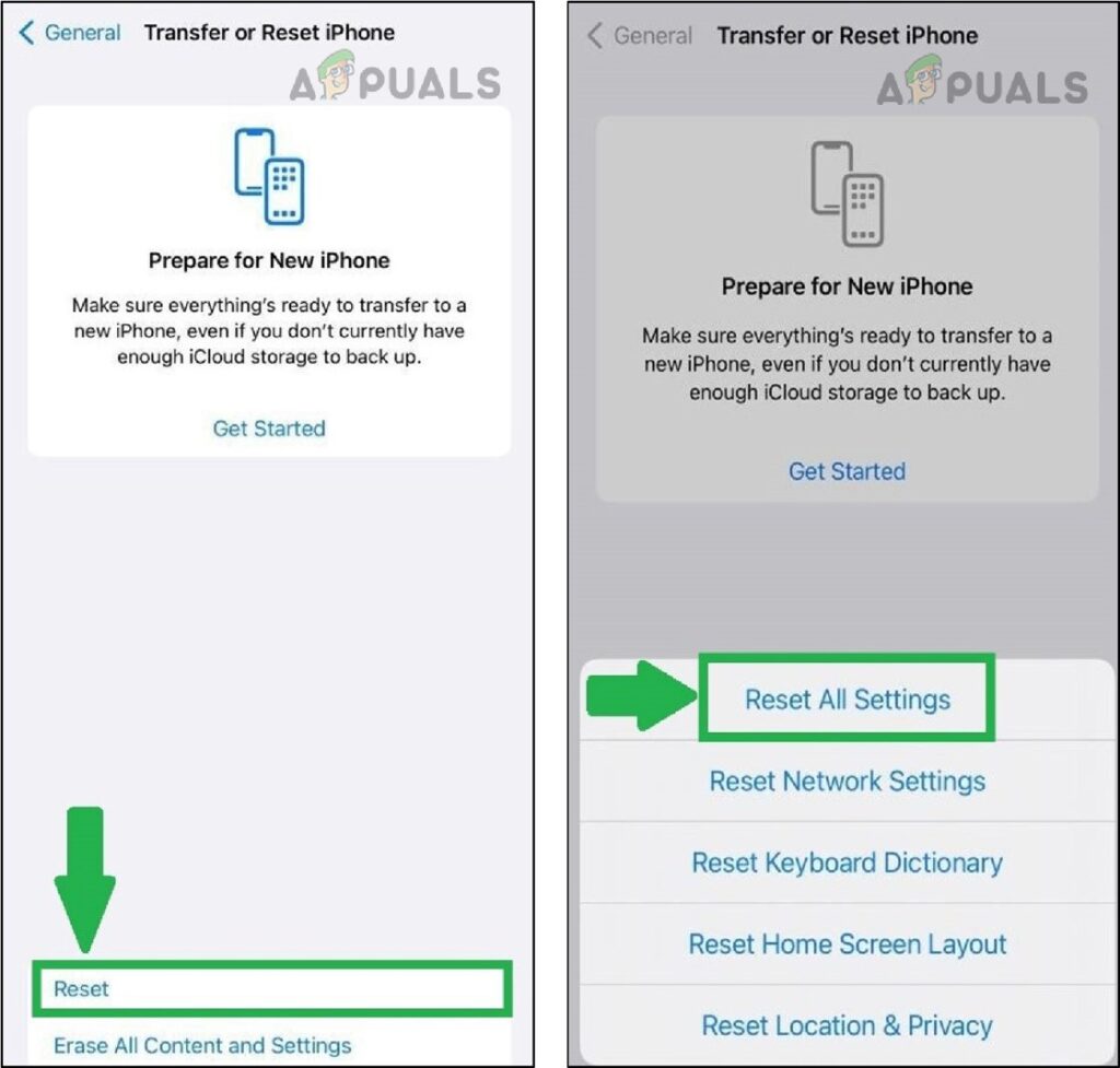 Tap reset and then select reset all setting