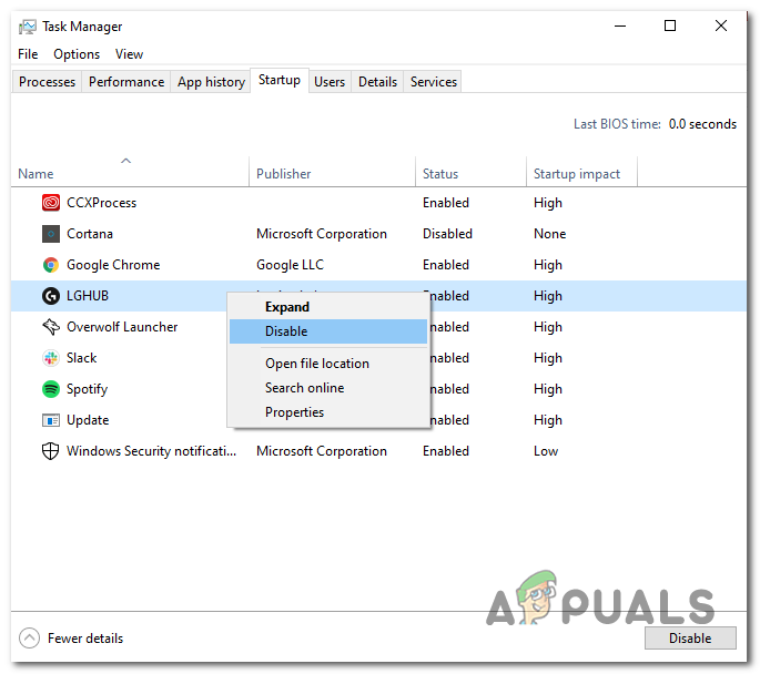 Disable startup apps using task manager