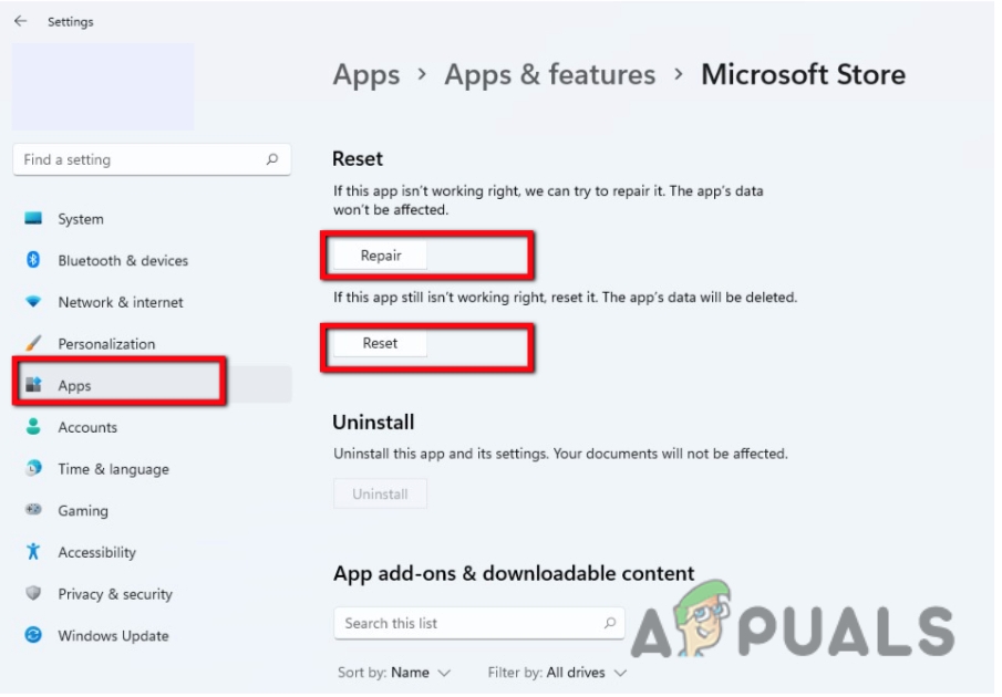 Repair or Reset Microsoft Stores to Fix Mail App Error