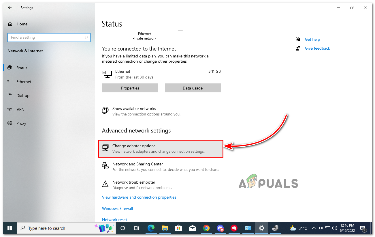 Click on Change Adapter Options
