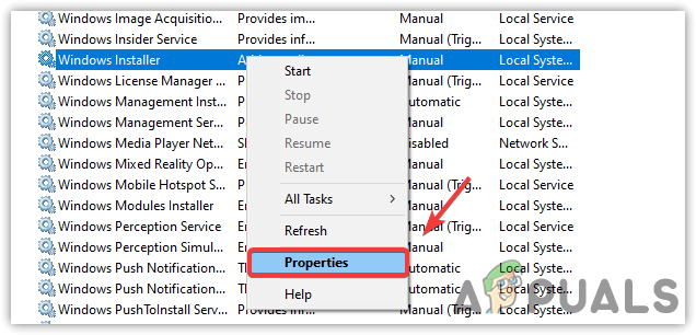 Navigating to the Service Properties