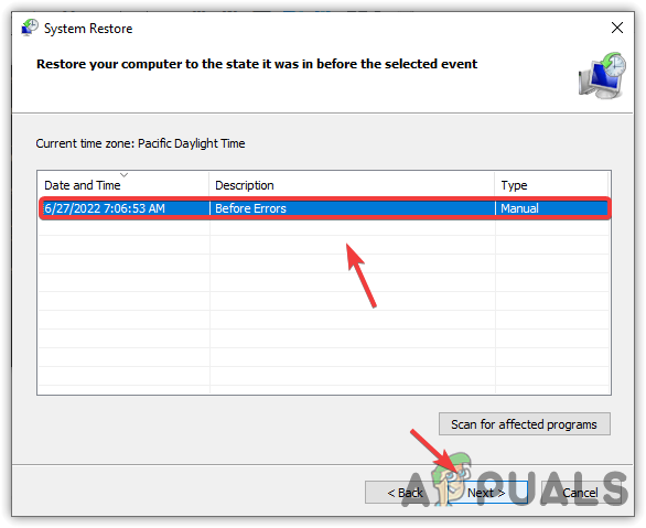 Selecting Restore Point