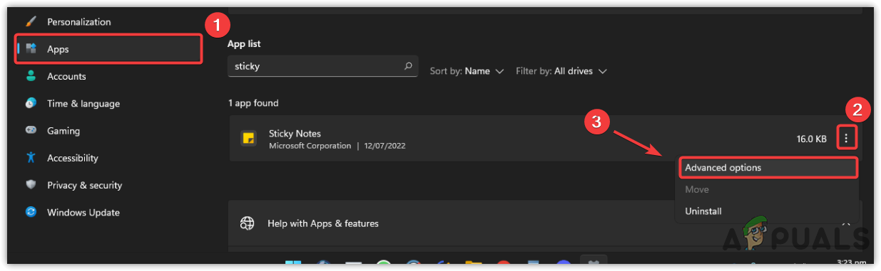 Navigating to Advanced Sticky Notes Settings