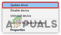 Selecting Update Driver