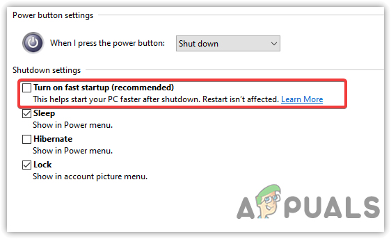Untick Turn Of Fast Startup