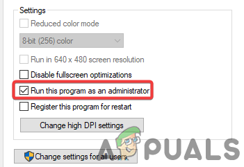 Checking the Run this program as an administrator box