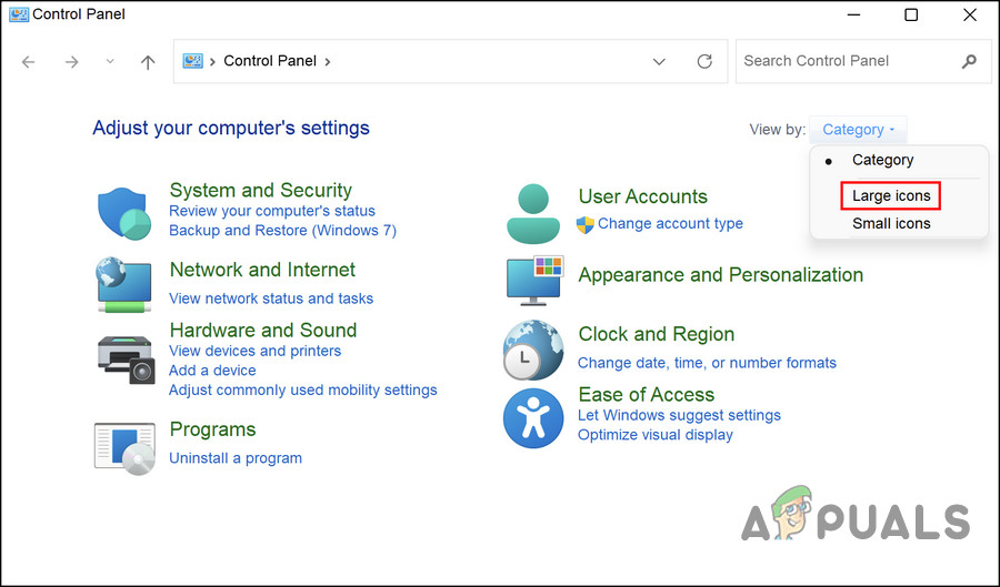 Click on the Large icons option