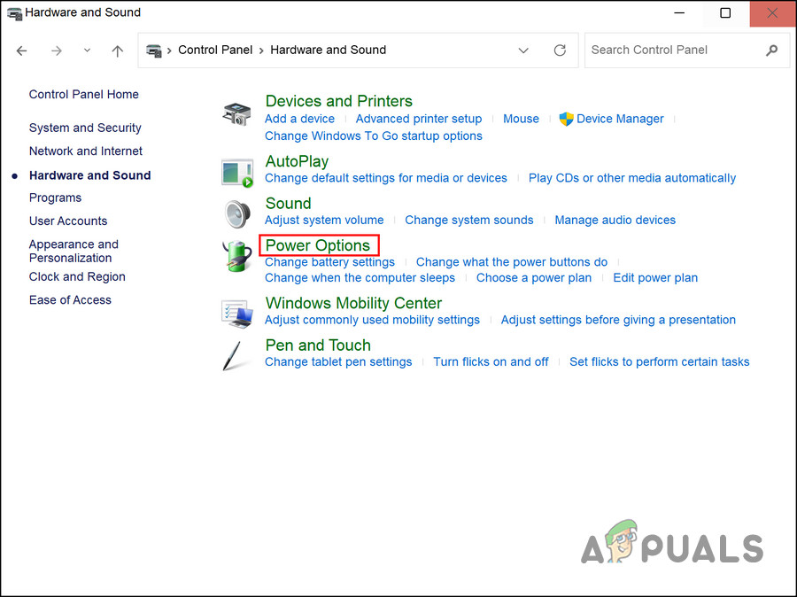 Click on the Power Options button