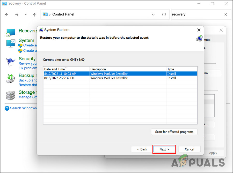Choose a restore point to proceed