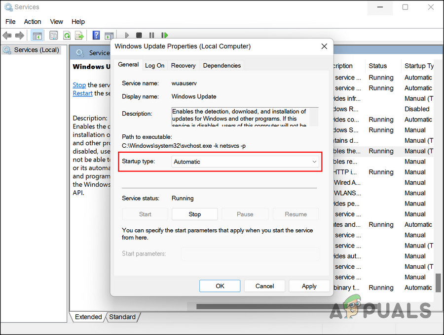 Set the startup type to Automatic