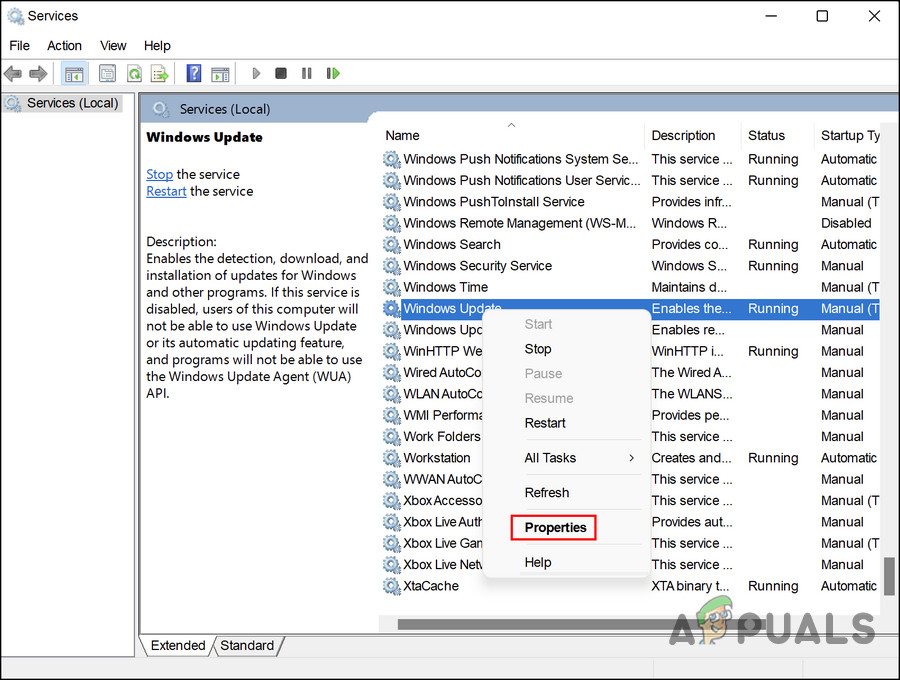 Access the Windows Update properties