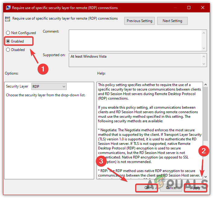 Enabling RDP Security Layer Settings
