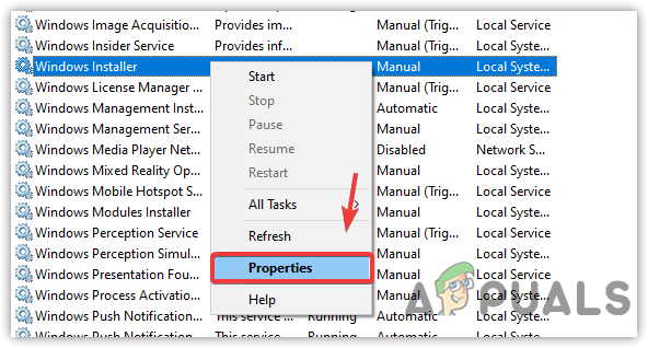 Opening Windows Installer Service Properties