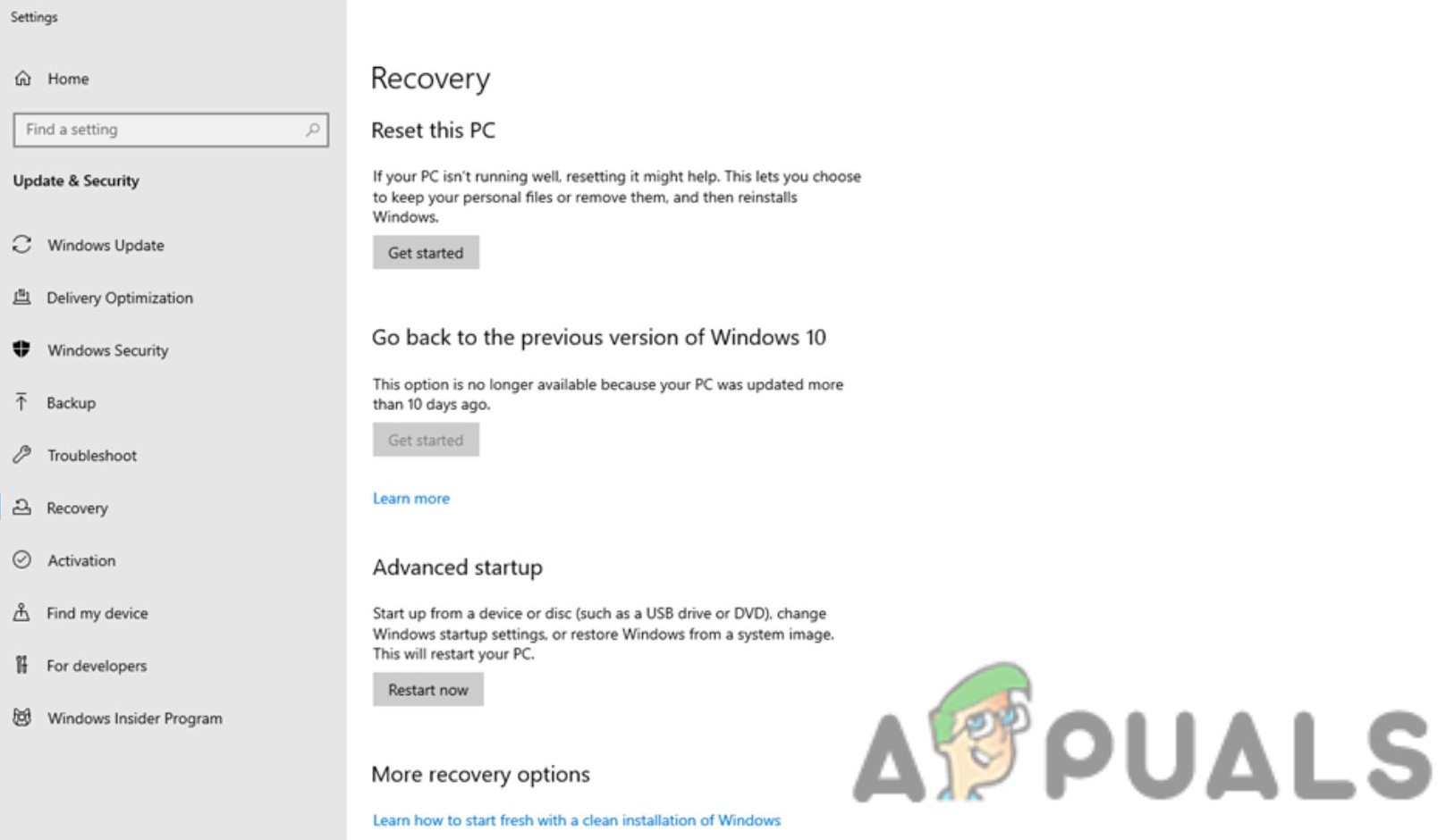 Resetting Windows To Fix The Error
