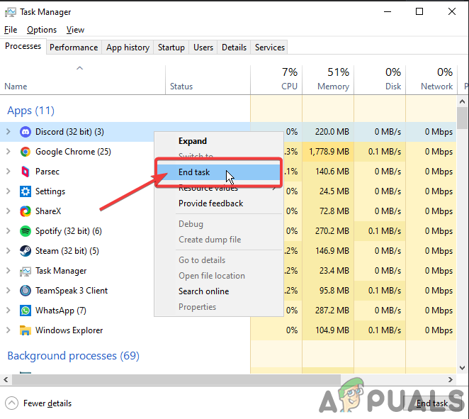 Right click on the and click on end task