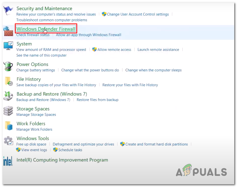 Opening windows firewall from the control panel