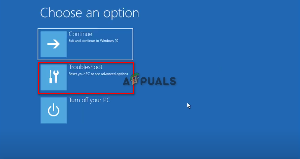 Opening the Troubleshoot Page from the boot menu.