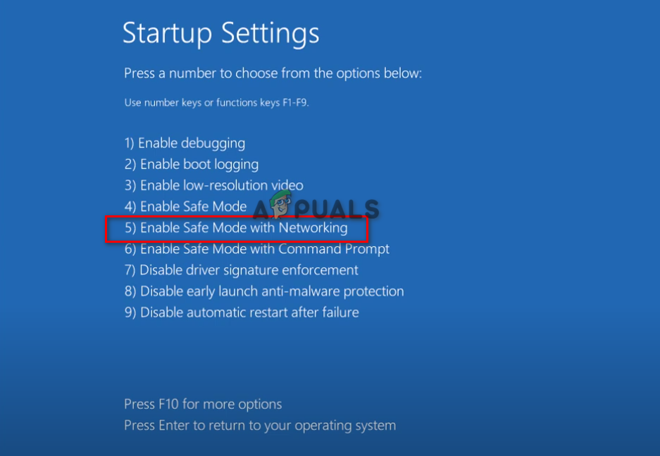 Startup Settings Menu Screen