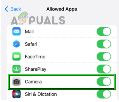 Enable Camera in the Screen Time Settings