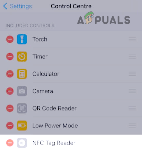 Remove NFC Tag Reader from the Control Center Settings of the iPhone