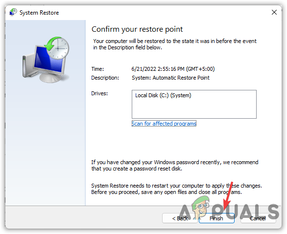 Clicking Finish To Start The Restore Procedure