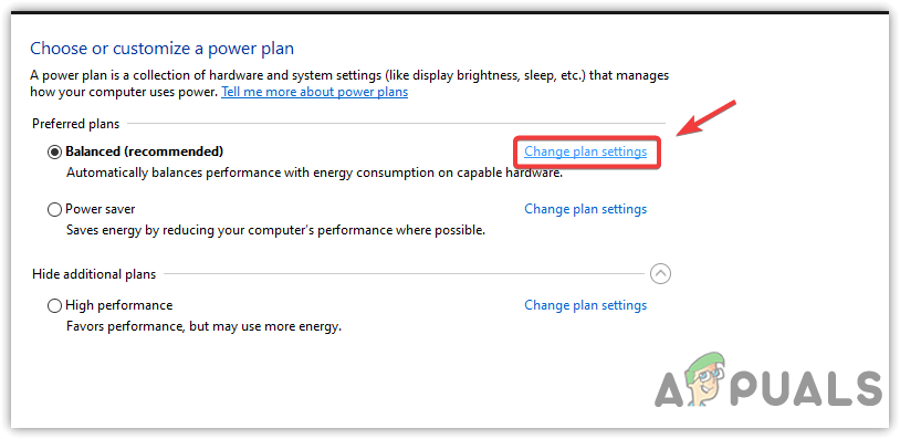 Clicking Change Power Plan Settings