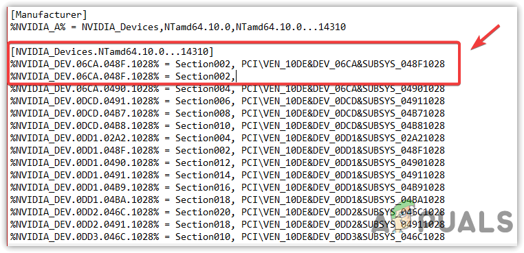 Creating A New Line For the Nvidia GPU Code In The INF File
