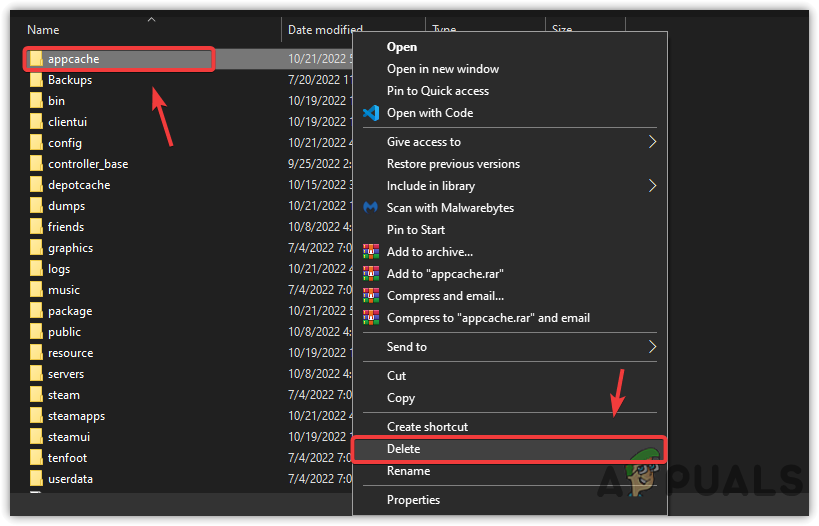 Deleting Steam Appcache Folder