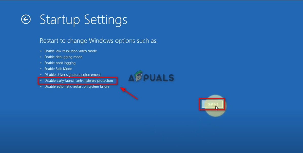 Disabling the Early Launch Anti Malware.