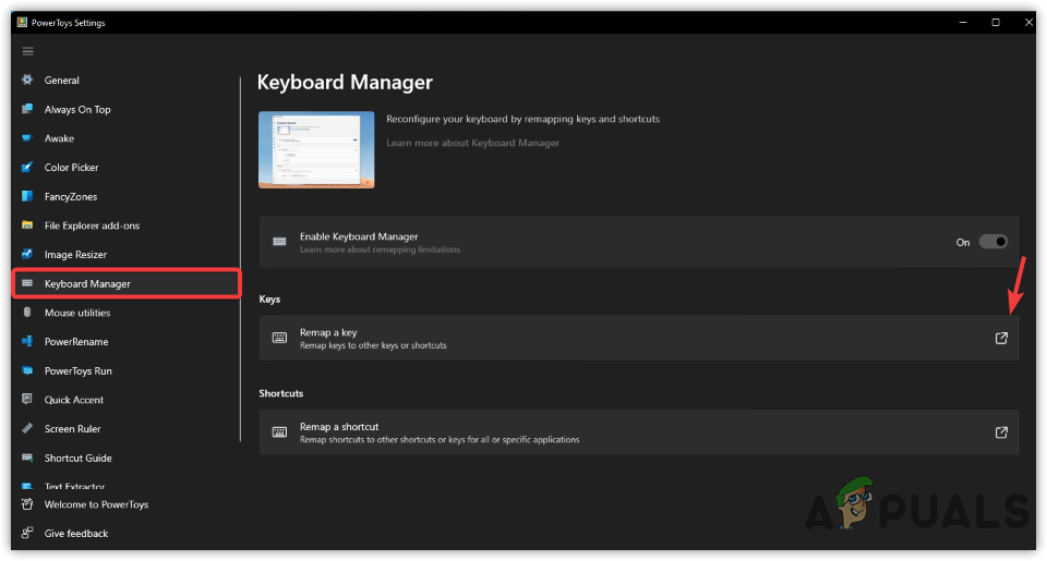 Opening Remap Keys Settings