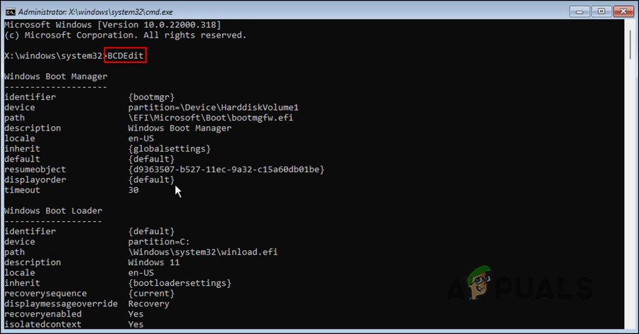 Execute the BCDEdit cpmmand