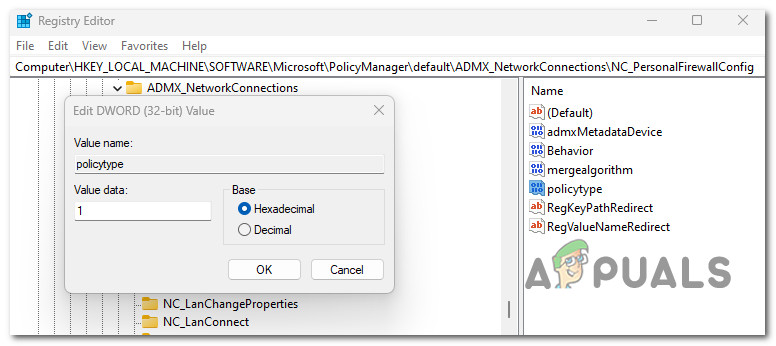 Changing the value of policytype to 1