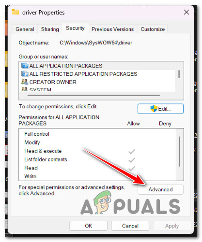 Access the Advanced Permissions settings