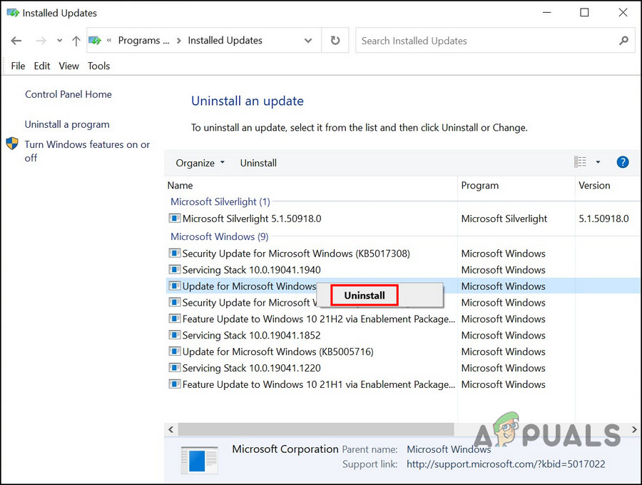 Click on the Uninstall button