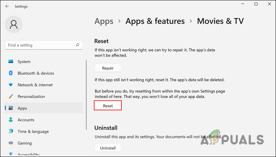 Click on the Reset button