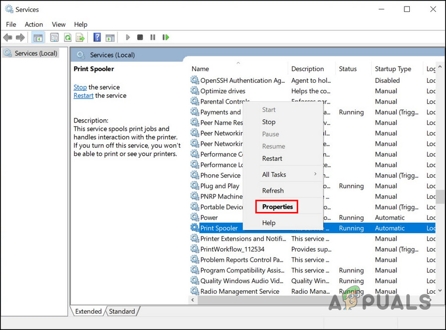 Launch Print Spooler properties