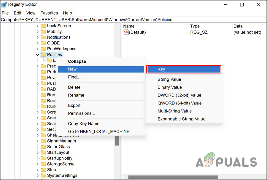 Create a new key in the Registry Editor