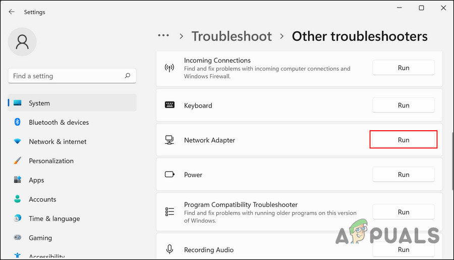 Click on the Run button for Network Adapter