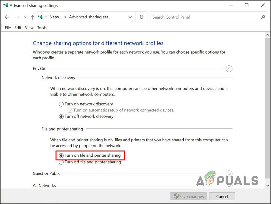 Choose the Turn on file and printer sharing option