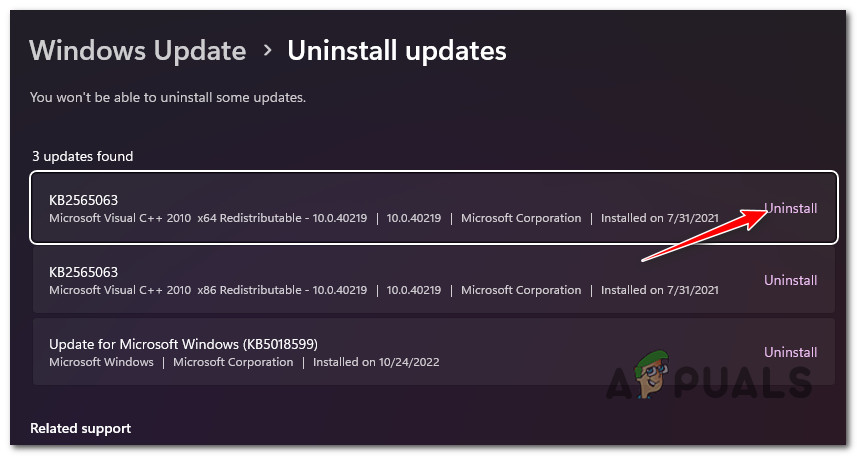 Uninstall the Windows Update that was installed recently