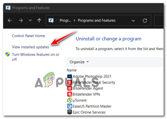Accessing the View Installed updates menu